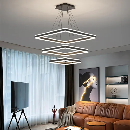 Vista 17 de Candelabros modernos para sala de estar, 2 anillos rectángulos, lámpara colgante de isla de cocina, lámpara LED regulable para comedor y dormitorio