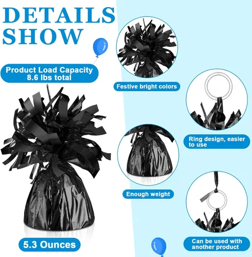 Vista 3 de Yunsailing 25 globos metálicos pesados con cinta iridiscente de 500 yardas, anclajes de soporte de globos de 5.3 onzas para globos de helio, Negro