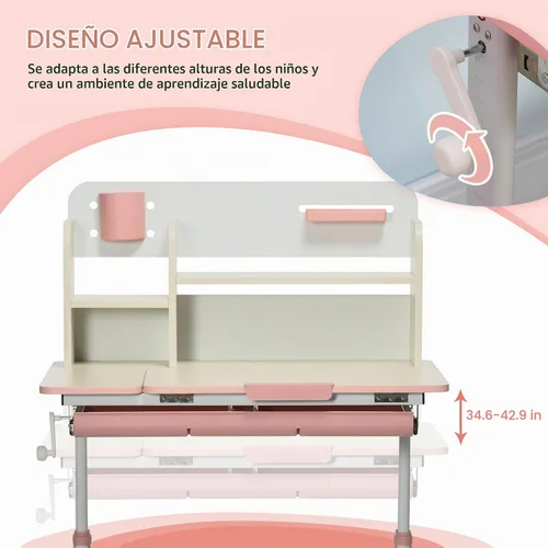 Vista 4 de Qaba Escritorio de estudio de madera para niños Altura ajustable