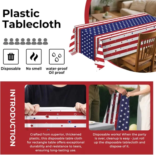 Vista 4 de Paquete de 8 manteles de plástico con bandera estadounidense de 54 x 108 pulgadas, desechables, para el Día de la Independencia para mesas de 6 a 8