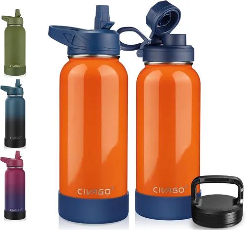 Vista 31 de CIVAGO Botella de agua aislada de 22 onzas con pajita, frasco de agua deportiva de acero inoxidable con 3 tapas