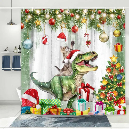 Vista 7 de Divertida cortina de ducha de Navidad, linda cortina de ducha de Papá Noel desnudo corriendo loco para baño, moderna cortina de baño de tela