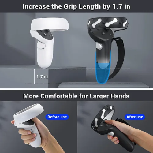 Vista 2 de Empuñaduras de control para Oculus Quest 2, diseño extendido mejorado para controlador de realidad virtual para Quest 2, accesorios protector