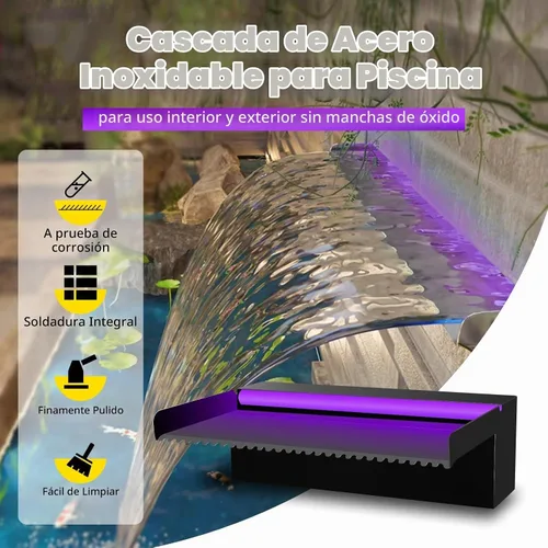 Vista 3 de Pamopamo Cascada Vertedero para Piscina de Acero Inoxidable Fuente de Estanque, Fuentes Negras para Exteriores con Control por APP y LED Coloridos