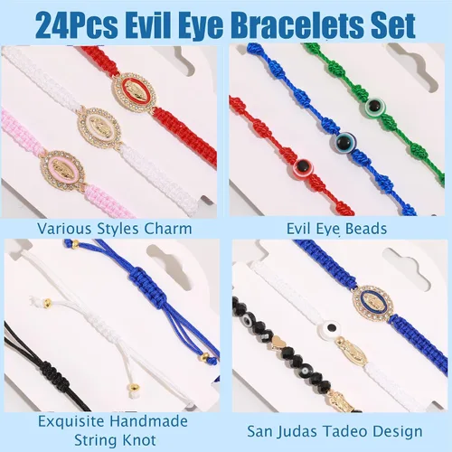 Vista 3 de BONITTER 2412 pulseras mexicanas de la Virgen María San Judas para las mujeres, cuerda roja, mal de ojo, cuentas verdes, tobilleras, joyería