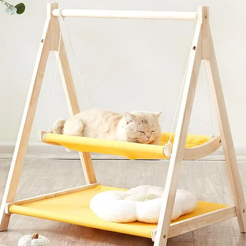 Vista 4 de Elevated Cat Bed, Breathable Washable Fabric Sturdy Pine Wood Construction Cat Hammock, Raised Bed with Double Layer Design Easy Assembly for Indoor