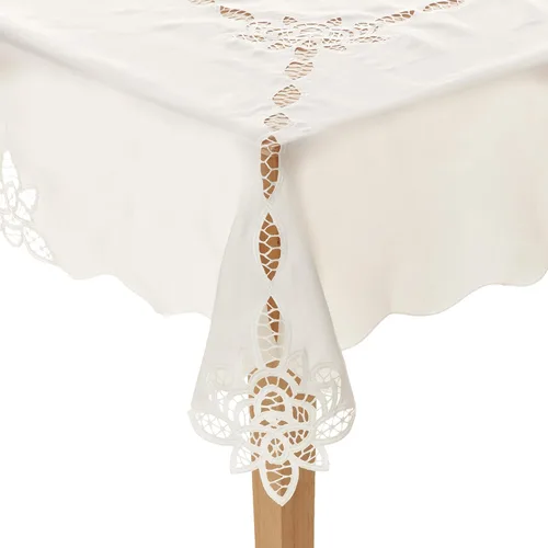 Vista 3 de Violet Linen Betenburg Mantel con diseño de encaje, blanco, 70 pulgadas, redondo