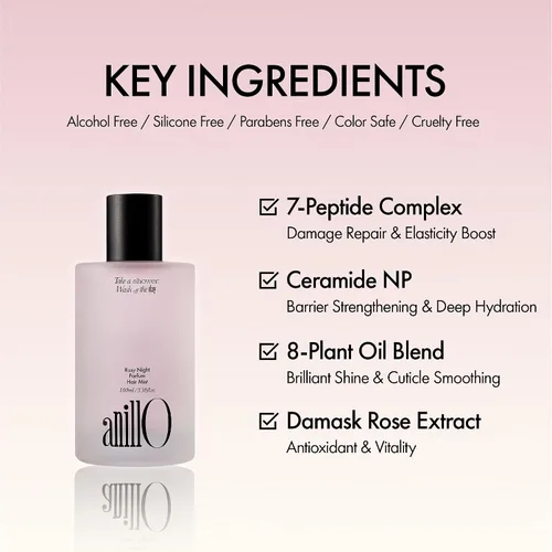 Vista 3 de ANILLO Rosy Night - Perfume vegano para cabello de larga duración con extracto de rosa de damasco, aceite de rosa mosqueta, complejo de péptidos