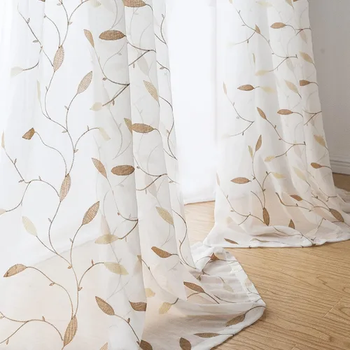 Vista 7 de Cortinas transparentes para sala de estar, cortina con ojales, parte superior de hojas bordadas, cortinas semi transparentes, 2 paneles de 63