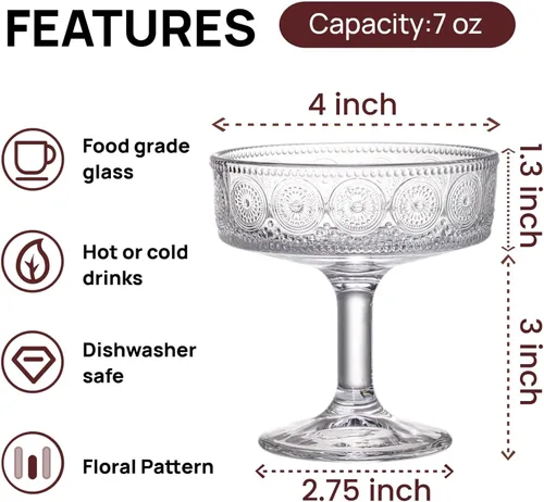 Vista 2 de Pumtus Juego de 6 vasos cupé vintage, 7 onzas de vidrio de Martini en relieve, copas de cóctel florales acanaladas, taza de Margarita transparente