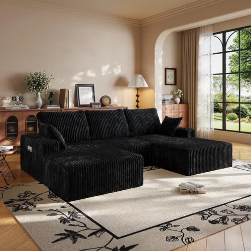 Vista 25 de Sofá seccional en forma de U de 108 pulgadas con otomana, sofá seccional modular de pana con asiento profundo, sofá modular moderno en forma de L