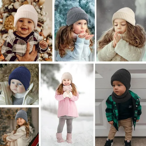 Vista 7 de Conjunto de bufanda de sombrero de invierno para bebé, bufanda de punto cálido con forro polar para niños y niñas