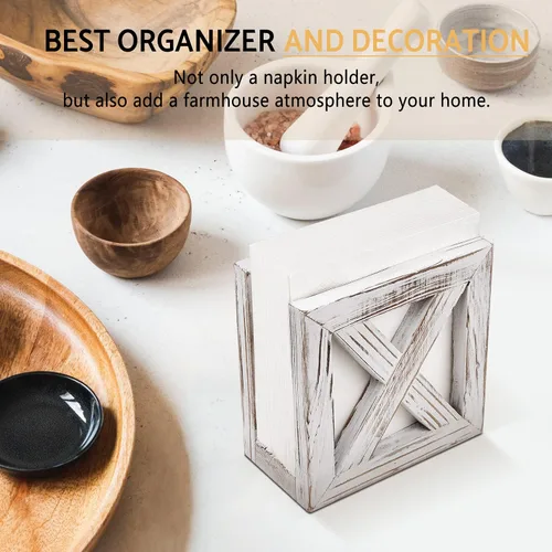 Vista 7 de PUERSI Servilletero de madera de granja para mesas, decoración rústica de cocina para mostrador, dispensador de servilletas ideal para encimeras