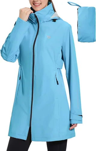 Vista 12 de baleaf Abrigo de lluvia largo para mujer, chaqueta de ciclismo plegable, impermeable, cortavientos, ligera, con capucha