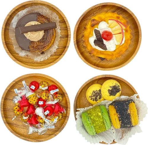 Vista 5 de Juego de 4 platos de madera de acacia, redondos de 6 pulgadas, postre de madera maciza de 1 pulgada de grosor, platos laterales y aperitivos