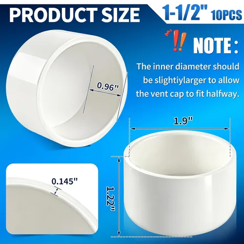 Vista 2 de Tapón de PVC blanco de 1-1/2 pulgadas para extremo de tubería, 10 piezas de conector de adaptador de rosca de PVC para tubería, conector de tapón
