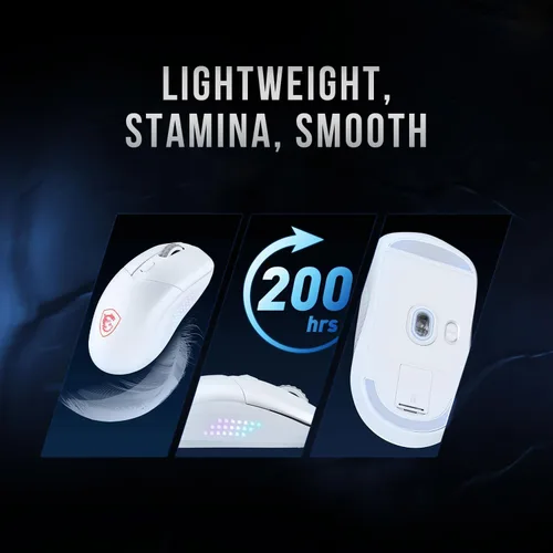 Vista 7 de msi Versa 300 Elite - Mouse inalámbrico blanco para juegos, sensor óptico de 26000 DPI, frecuencia de sondeo de 1000 Hz, simétrico, interruptores