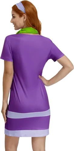 Vista 6 de For G and PL Disfraz de Halloween de manga corta para mujer, minivestido morado con bufanda y diadema