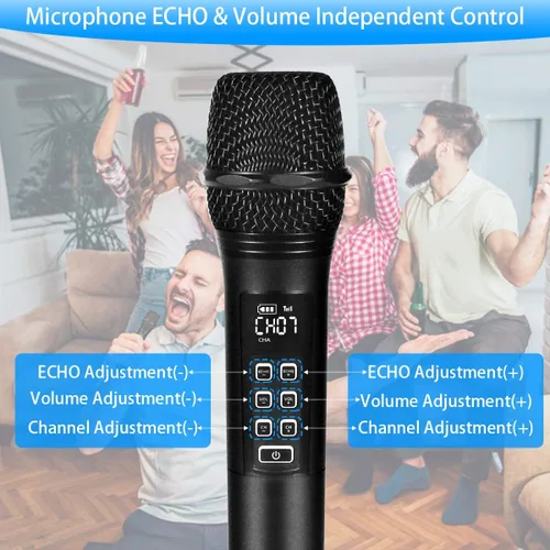 Vista 3 de K28 Micrófono inalámbrico recargable para karaoke con control de volumen y eco y receptor, micrófono dinámico de mano UHF para cantar karaoke habla