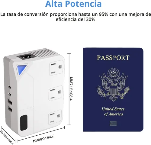 Vista 6 de Enchufe de conversión de 250 W, convertidor de viaje internacional con 2 puertos USB y 2 puertos USB-C, reducción de 220 V a 110 V para áreas de 100