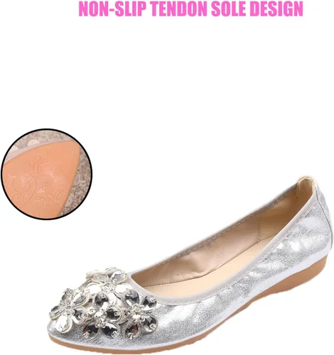 Vista 6 de Traveltopp Zapatos planos de ballet con diamantes de imitación para mujer, plegables, cómodos, puntiagudos, sin cordones, zapatos de vestir