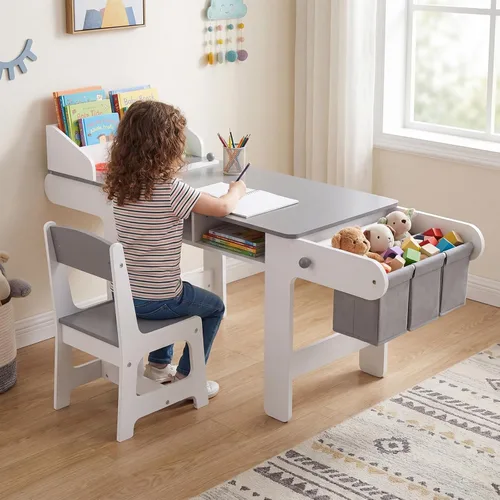 Vista 9 de Costzon Mesa y silla de arte para niños, mesa de madera para manualidades con rollo de papel y contenedores de tela para dibujar, leer, estudiar