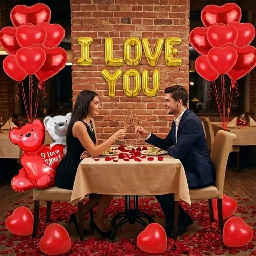 Vista 3 de Juego de globos y globos de aniversario, kit romántico de globos de corazón con rosa roja, decoraciones de aniversario para boda, confesión