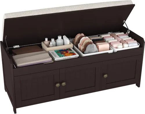 Vista 18 de HOMEFORT Banco para Zapatos de 30" con Almacenamiento de Tapa Elevable, Banco de Entrada con Asiento Acolchado, Banco de Madera para Pie de Cama