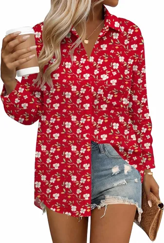 Vista 25 de HOTOUCH Camisas de manga larga con botones para mujer, blusas de lino y algodón, casuales, con cuello holgado, de gasa con bolsillo