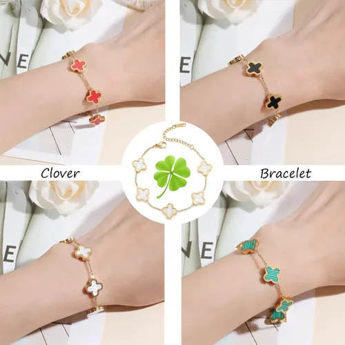 Vista 6 de 18K Gold Plated Clover Lucky Bracelet for Women WhiteBlackRedGreen Bracelets Cute Link Bracelets Jewelry Gifts Trendy for Women Teen Girls