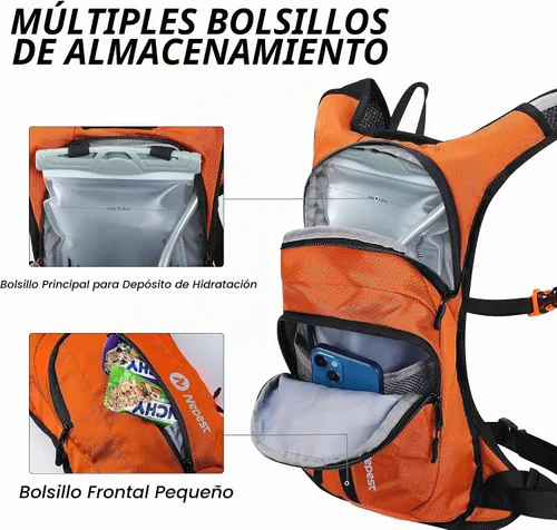 Vista 4 de Nepest Hydration Pack Backpack with 2L Water Bladder Reflective Lightweight Water Pack, Hydropack bag for Hiking, Running, Biking, Cycling, Naranja