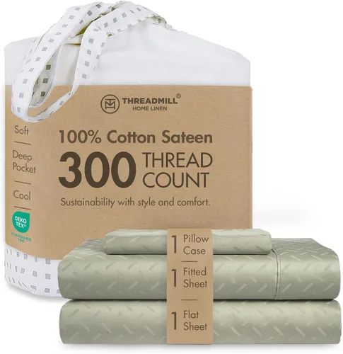 Vista 10 de Threadmill Juego de sábanas de algodón Twin Sábanas 100% algodón para cama tamaño Twin Juego de sábanas de satén jacquard damasco con bolsillo