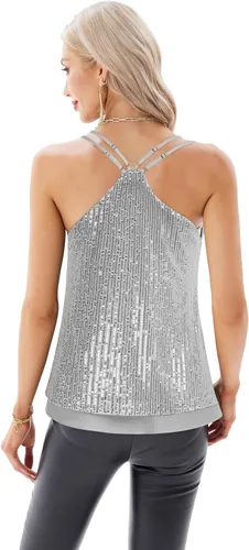 Vista 2 de GRACE KARIN Women's Sleeveless Sparkle Shimmer Camisole Vest Double Strap Sequin Tank Tops