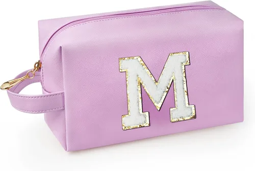 Vista 15 de Bolsa de maquillaje personalizada con inicial con asa, bolsa de cosméticos de preparación con bolsillo interior con cremallera, 8, 9, 10, 11, 12 Rosa