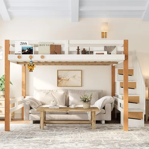 Vista 12 de Cama tipo loft de madera tamaño individual con escaleras, gancho para ropa Beige Natural
