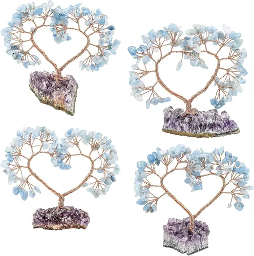Vista 6 de mookaitedecor Árbol de cristal de corazón de aguamarina con base de amatista natural, árbol de dinero de la suerte para adorno de boda, Feng Shui