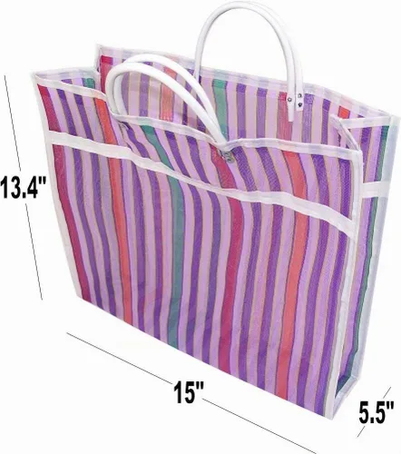 Vista 2 de Paquete de 3 bolsas Mercado con fuelle de gran tamaño – Bolsa mexicana reutilizable para comestibles, bolsa multiusos de malla de hilo alto