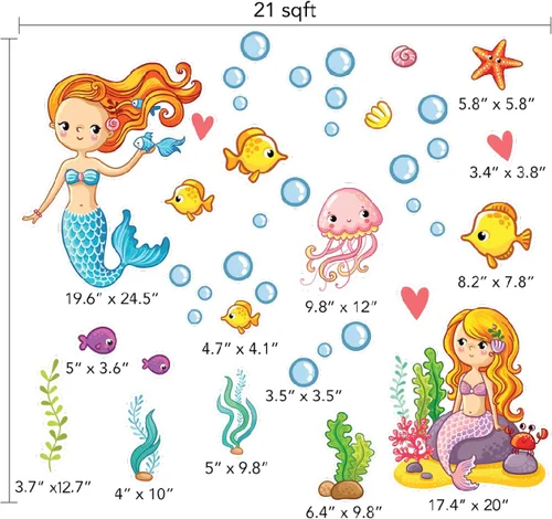 Vista 2 de Calcomanías de pared de sirenas para dormitorio de niñas bajo el mar, 42 piezas - Habitaciones y calcomanías
