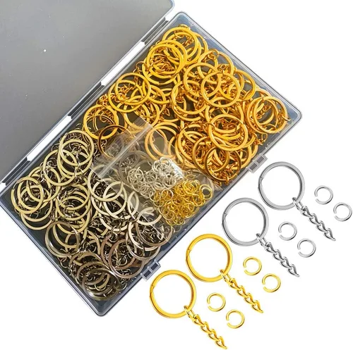 Vista 6 de Kit de 200 anillos de llavero planos, 100 llaveros planos plateados y dorados con cadena, y 100 anillos abiertos plateados y dorados, llaveros a