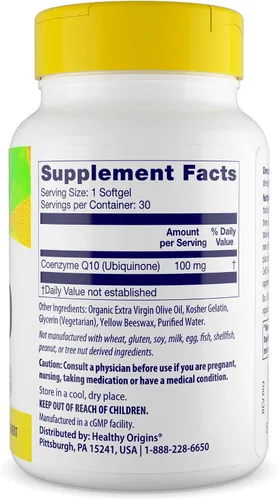 Vista 3 de Healthy Origins CoQ10 (Kaneka Q10) 100 mg cápsulas blandas - Suplemento energético y de salud cardíaca - Sin gluten - Sin OMG - 30 cápsulas blandas