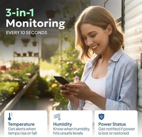 Vista 3 de Monitor de Temperatura para Mascotas RV - No Requiere WiFi - Corte de Energía Remoto y Sensor de Temperatura con Alertas de Aplicación. Sistema