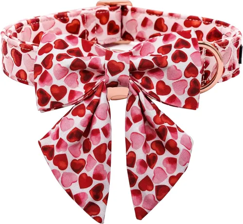 Vista 14 de Maca Bates - Collar de perro para el día de San Valentín con lazo elegante para perros extra pequeños, patrón de corazones rosados, ajustable