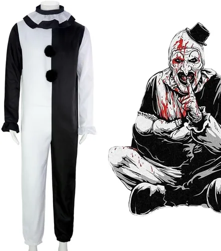 Vista 2 de Lyxaof Art - Disfraz de payaso asesino de terror con máscara, disfraz de Halloween aterrador, traje de cosplay para adultos y niños