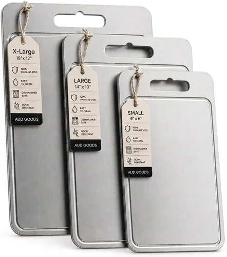Vista 10 de Tablas de cortar de acero inoxidable para cocina, tabla de cortar de acero inoxidable con ranuras para jugo, doble cara, paquete de 3 tamaños
