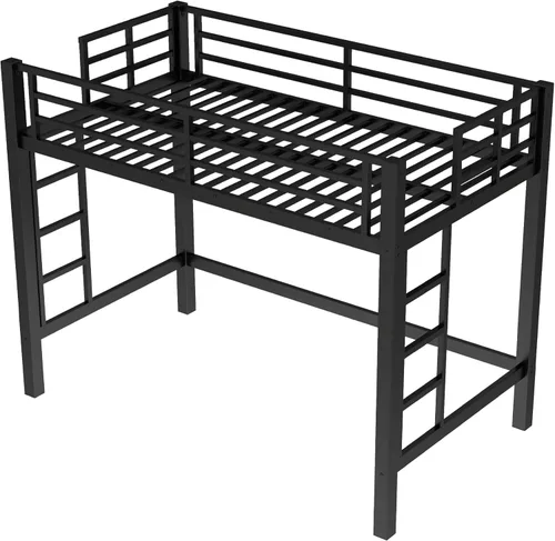 Vista 6 de Cama alta individual con escaleras, cama alta de metal individual con tapones antivibraciones y reducción de ruido, cama alta resistente