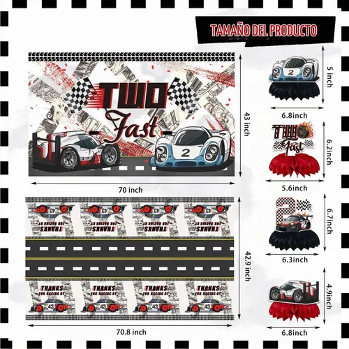 Vista 4 de KOTLMIGHT Decoraciones de Cumpleaños Two Fast para Niños, Suministros de Decoración de Fiesta Temática de Autos de Carrera para 2do Cumpleaños