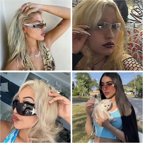 Vista 4 de Kepoita Gafas de sol Y2k sin montura para mujer, de gran tamaño, retro, a la moda, protección futurista, envolvente, sin marco, Marco negro gris.