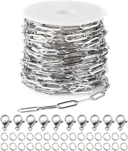 Vista 9 de YOUBEIYEE Cadena de cuentas de satélite de plata brillante de 32.8 ft para hacer joyas, acero inoxidable, cadena de joyería de cruz soldada