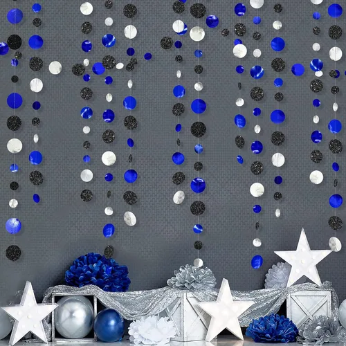 Vista 8 de Guirnalda de 46 pies de puntos circulares azul marino, negro y plateado, serpentina de lunares azul real y negro para cumpleaños, graduaciones