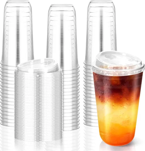 Vista 7 de 50 piezas de vasos de plástico para café con tapas con asa, vasos desechables de plástico PET transparente con tapas sin pajita para café helado